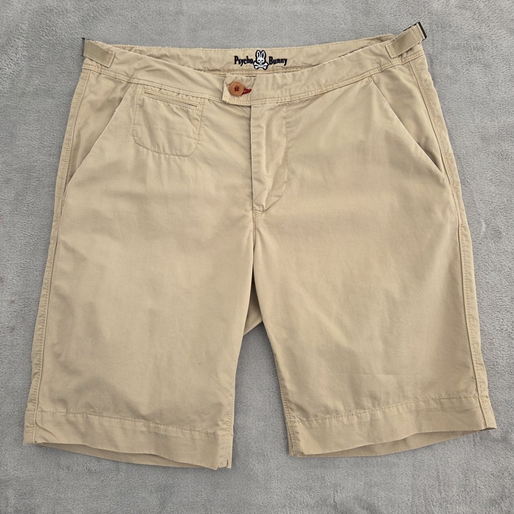 Psycho Bunny Shorts Mens 31 Triumph Sateen Chino Side Buckle Tab Logo Beige
